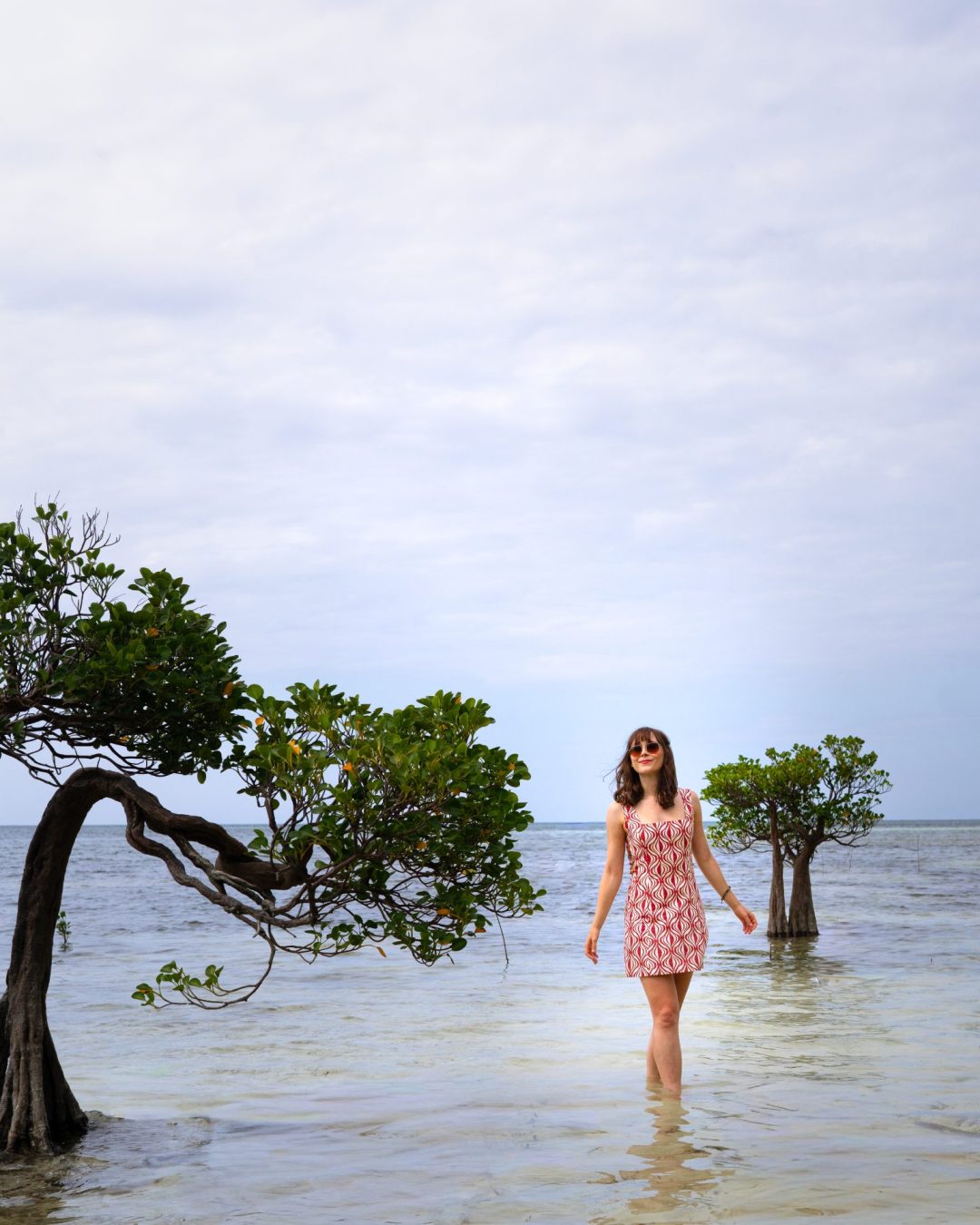 Beaches in Sumba: Travel Blogger Jordan Gassner standing in the ocean next to a mangrove tree on Walakiri Beach in Sumba, Indonesia