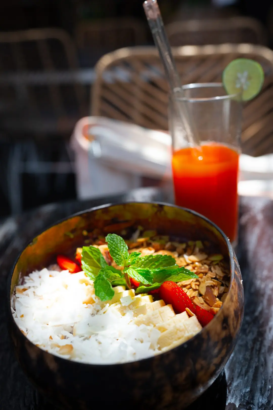 An acai bowl and fresh juice from A Place with No Name in Uluwatu, Bali, Indonesia