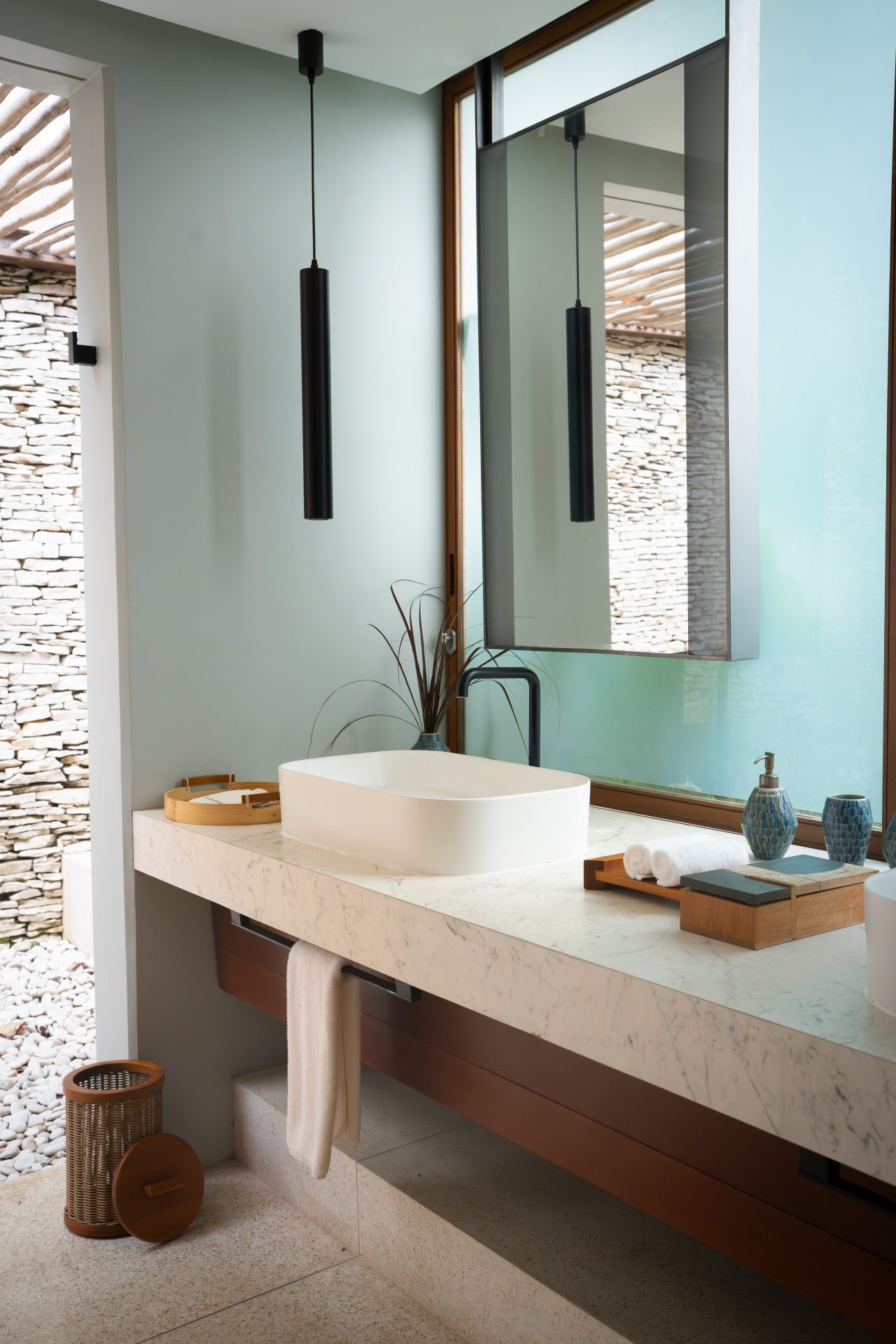 The Beach Suite bathroom counters at Cap Karoso resort in Sumba, Indonesia