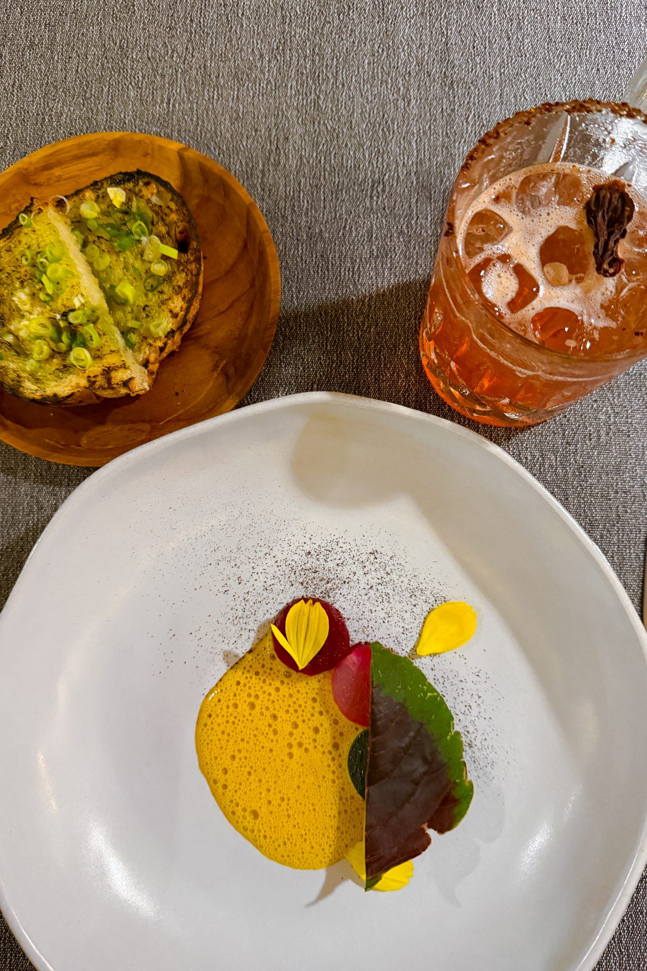 Squash, Beetroot, TUmeric, Peanut and Scallion Steamed Bread from Julang Restaurant at Cap Karoso Resort in Sumba, Indonesia