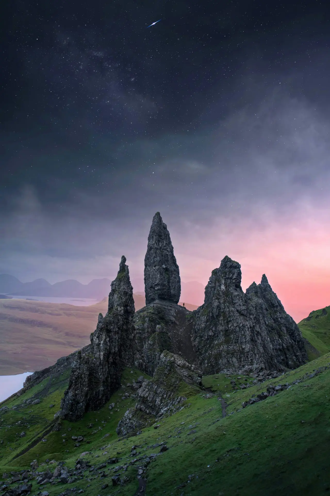 Storr under a pink sunrise along the Isle of Skye in Scotland