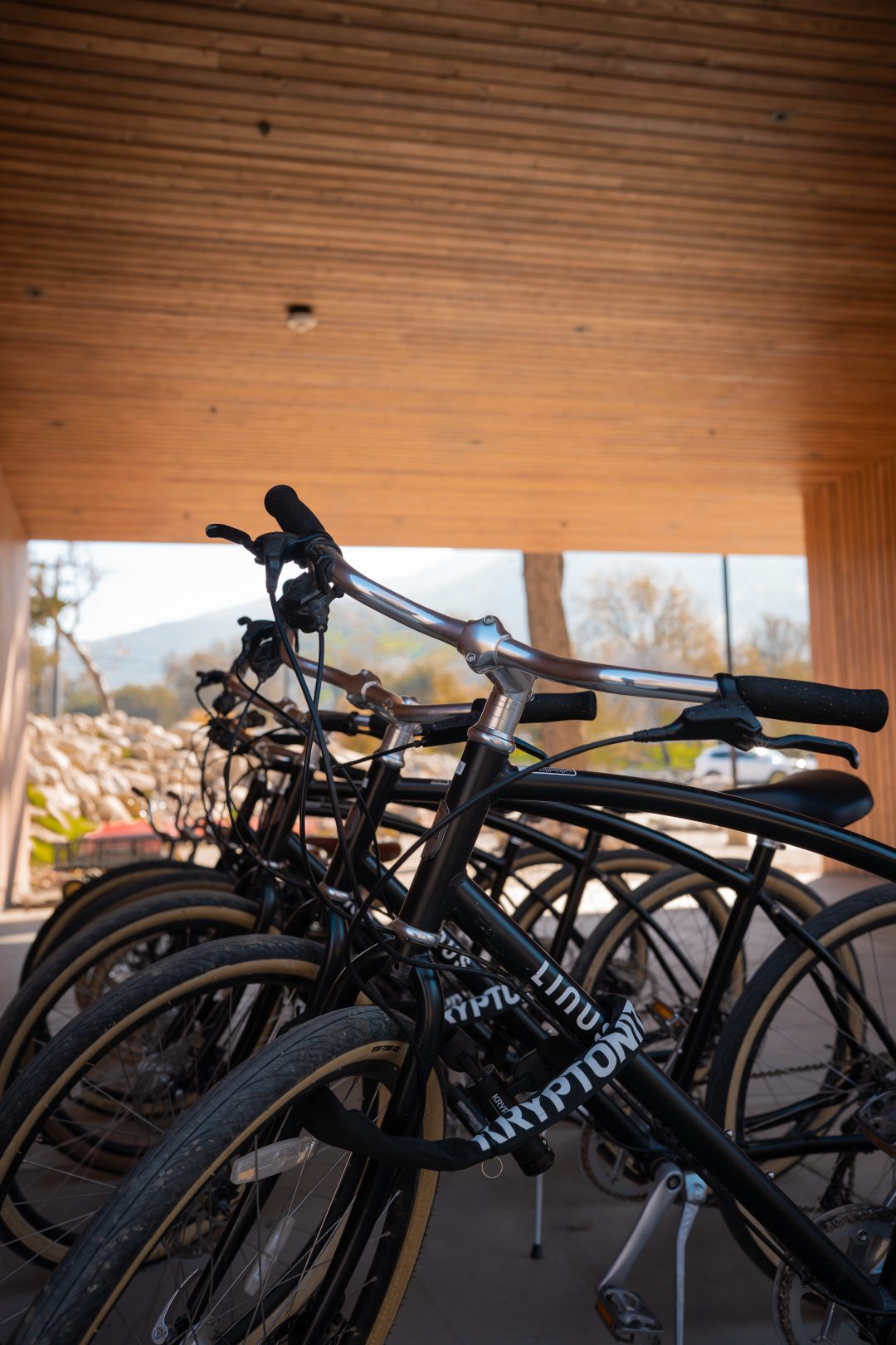 A group of black beach cruisers at the front entrance of AutoCamp Sequoia In Three Rivers, California
