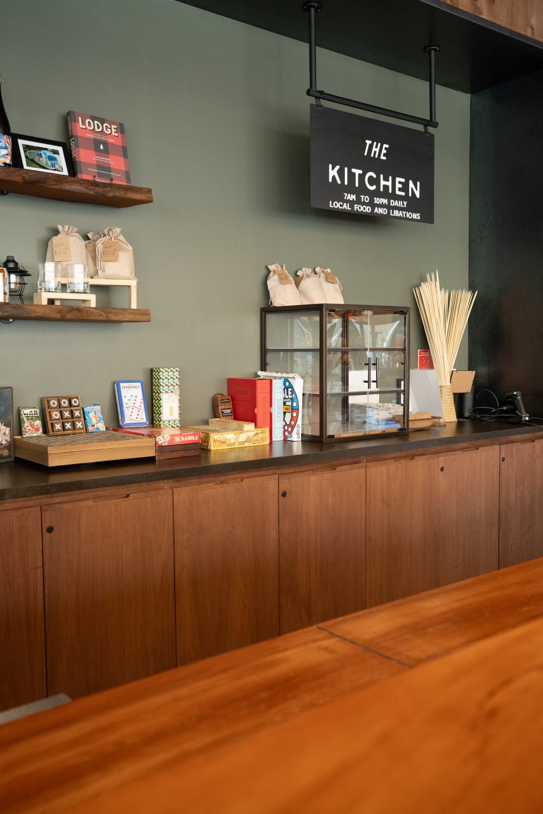 The kitchen and bar area at AutoCamp Sequoia in Three Rivers, California