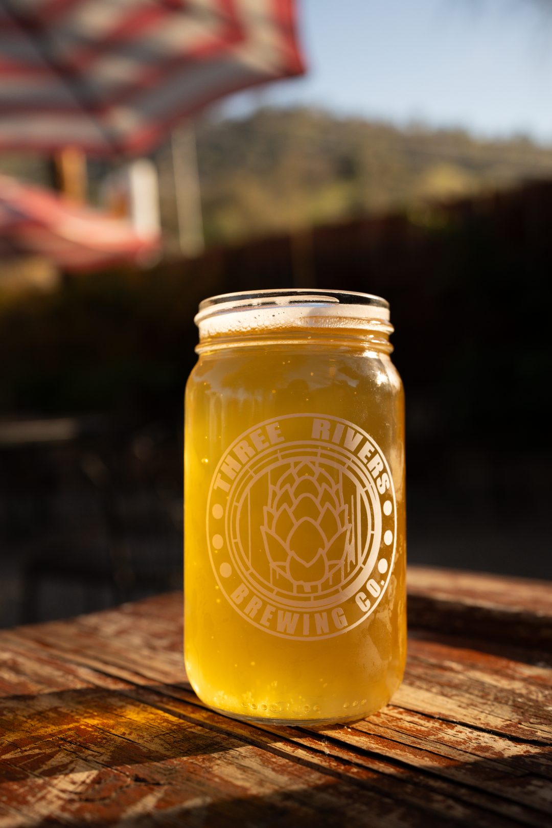 A glass of beer with a "Three Rivers Brewing Co." logo printed on it 