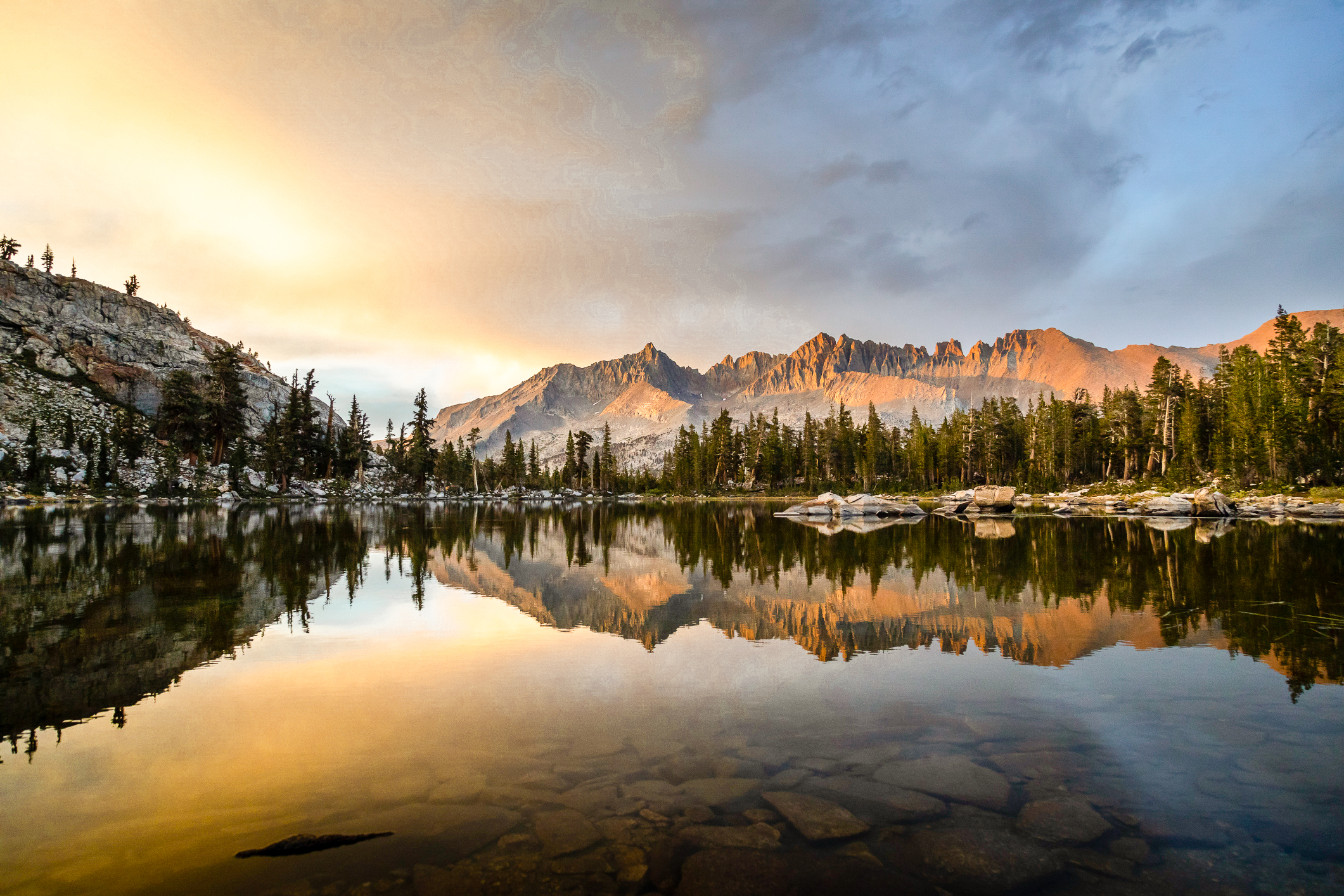Little Five Lakes with the Kaweah Mountains behind in the Sierra Nevada at sunset