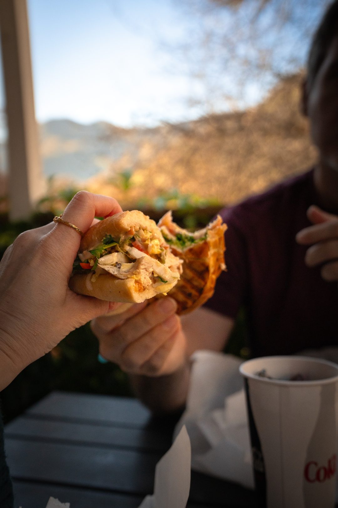 Travel Blogger Jordan Gassner and her partner holding up sandwiches from Sierra Subs in Three Rivers, California