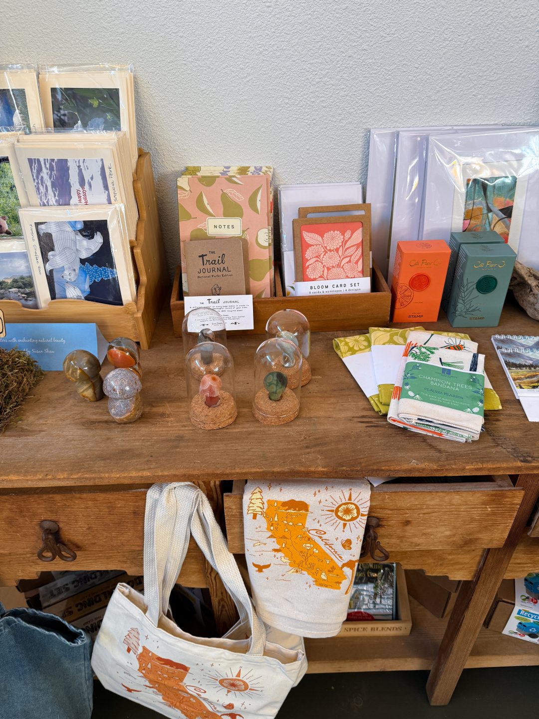 Gifts, postcards, and bags for sale inside Stem + Stone in Three Rivers, California