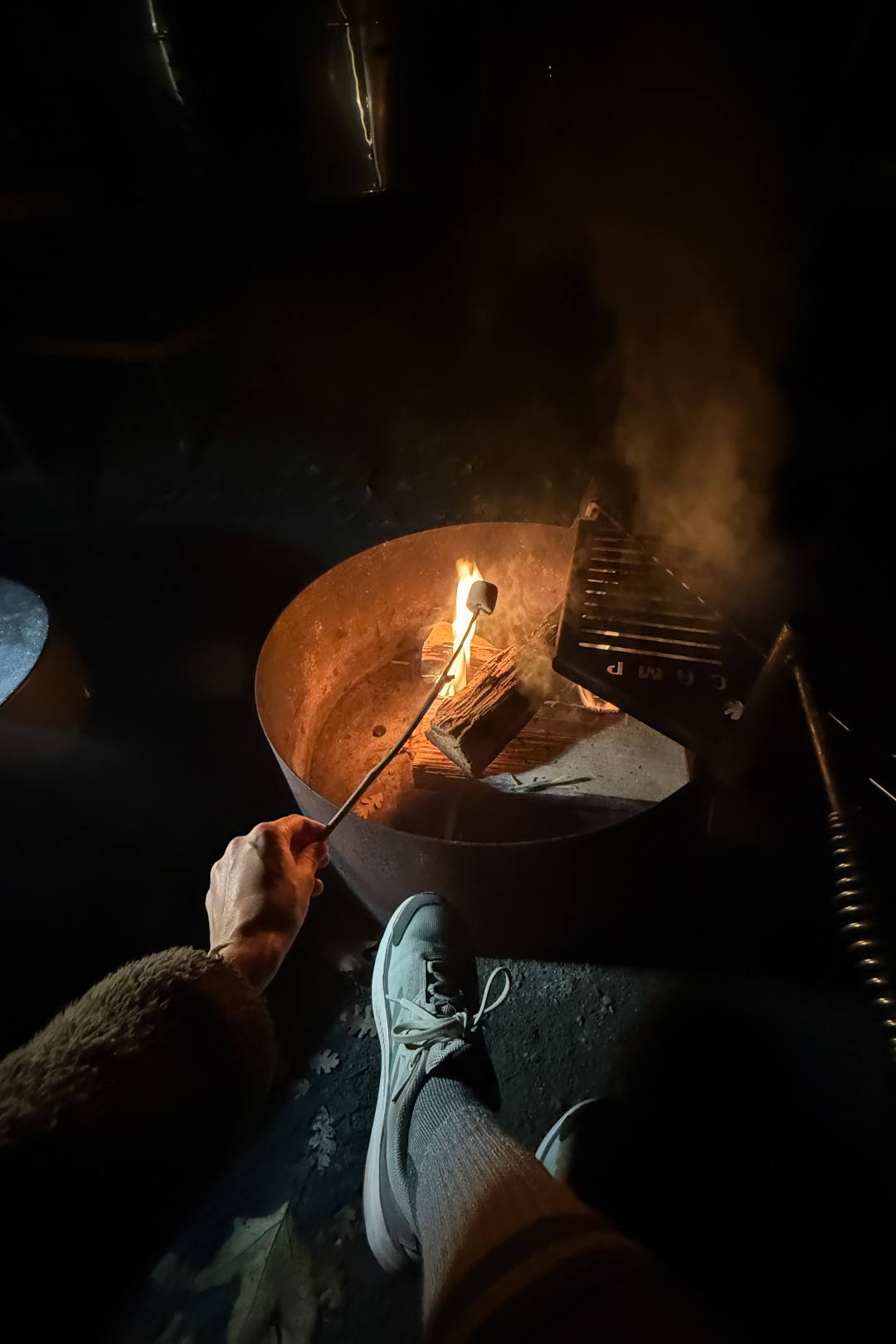 Travel Blogger Jordan Gassner roasting a marshmallow at an open fire in Sequoia National Park