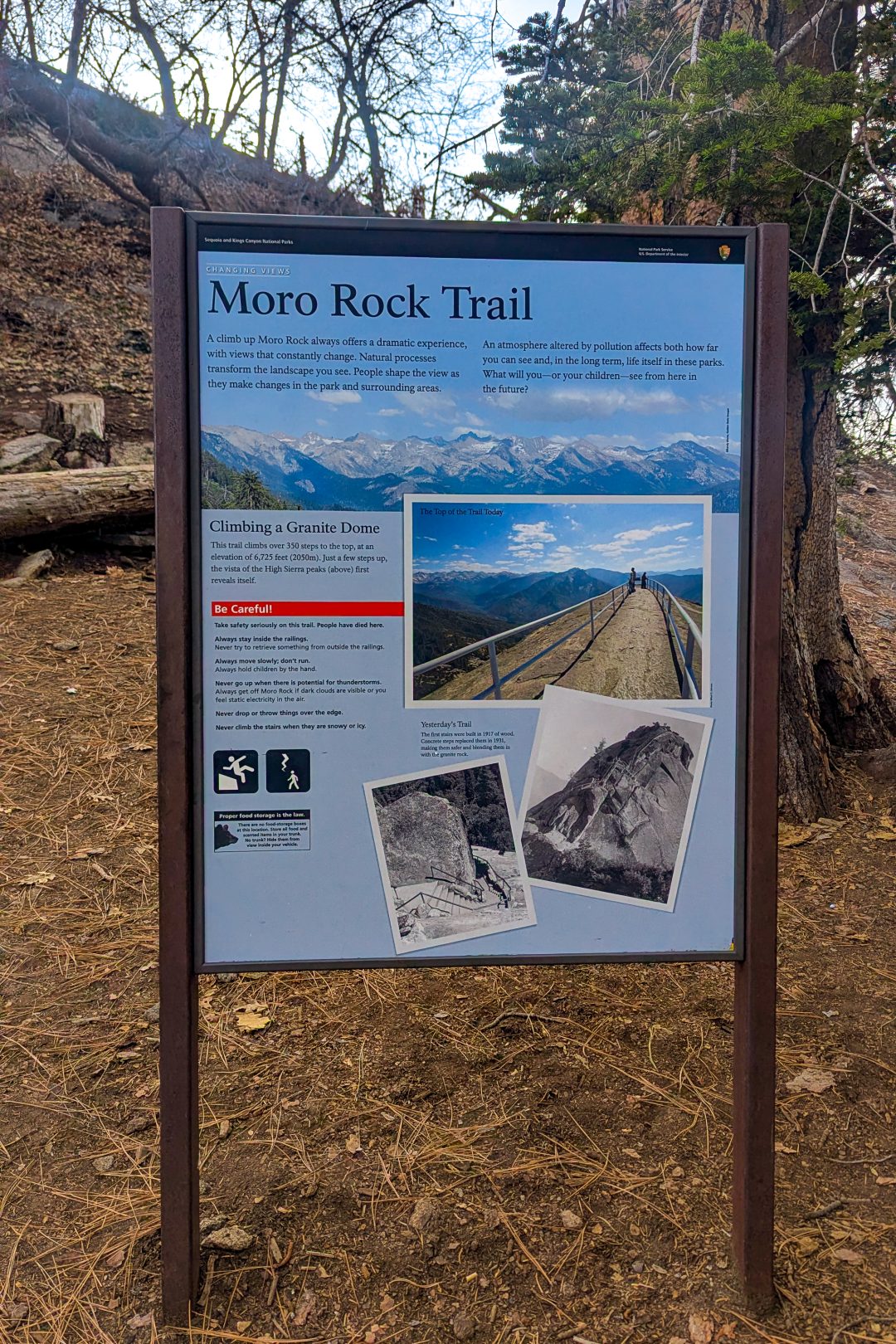 A signpost at the trailhead for Moro Rock in Sequoia National Park
