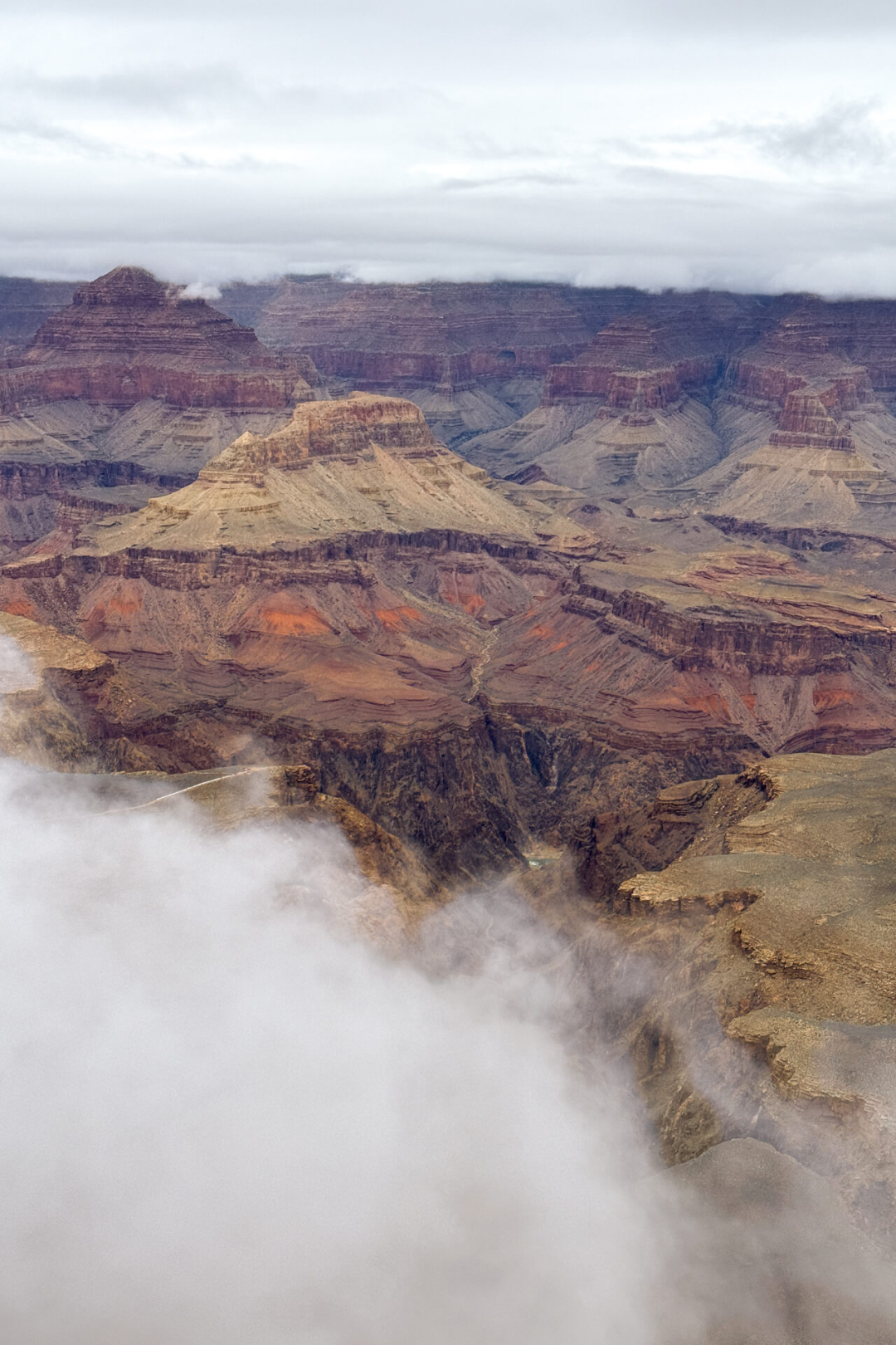 A view of the Grand Canyon from Mather Point partially obscured by a low cloud