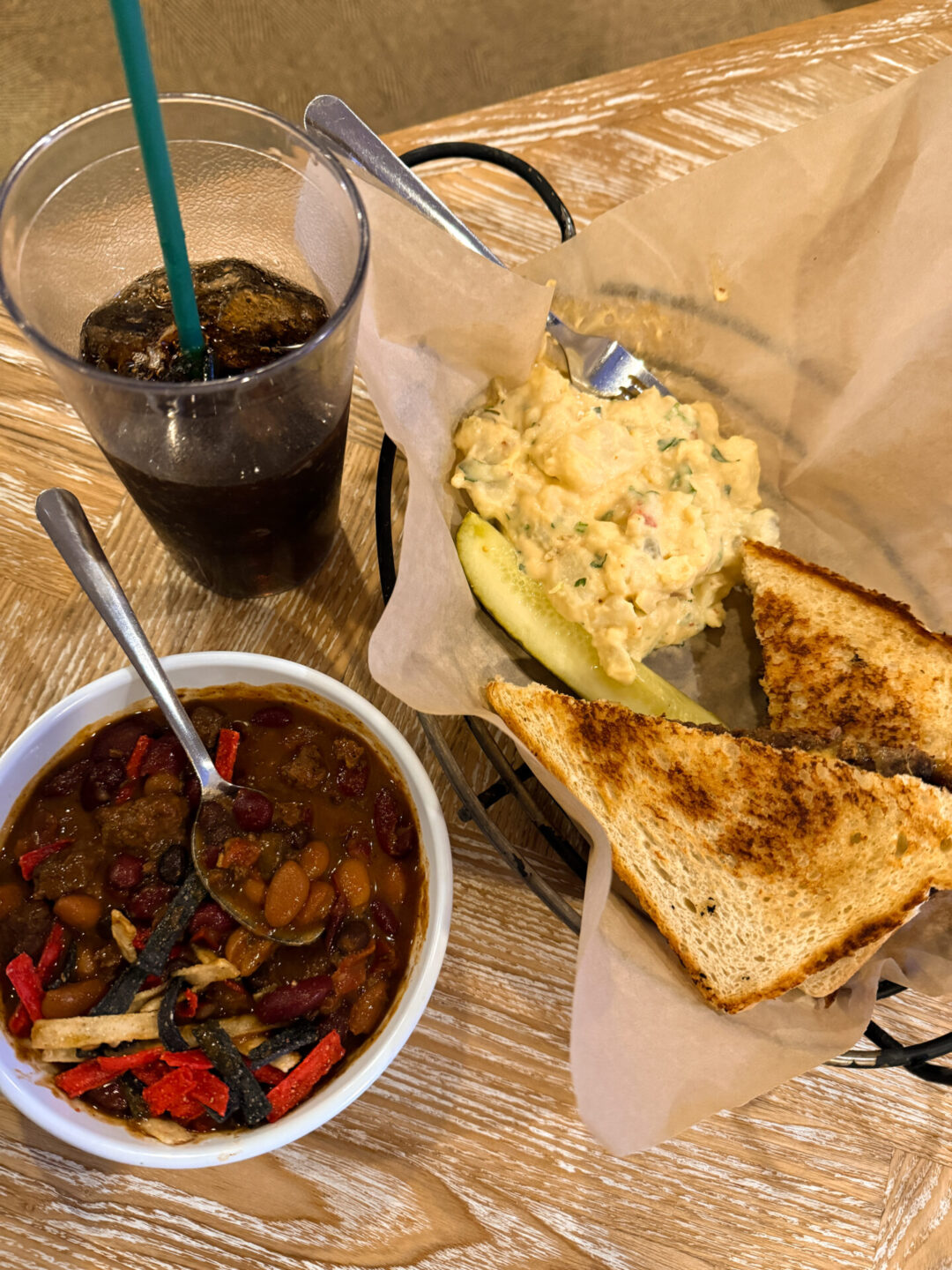 An elk sandwich, elk chili, and a coca-cola from Yavapai Tavern inside the Grand Canyon