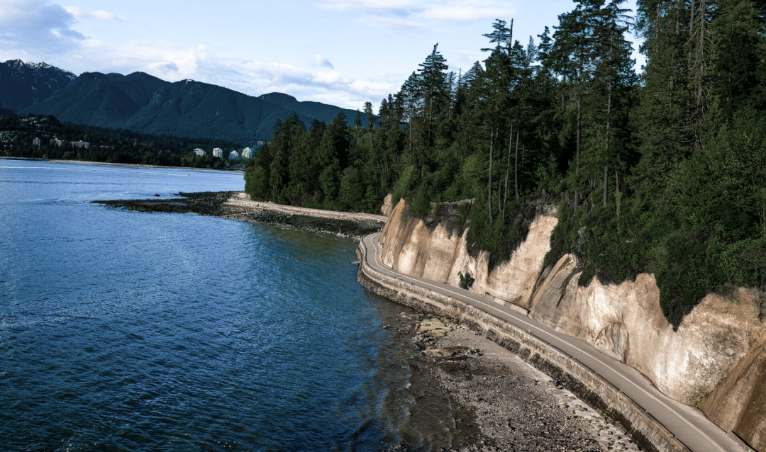 An empty seawall around Stanley Park in Vancouver, Canada on a clear day