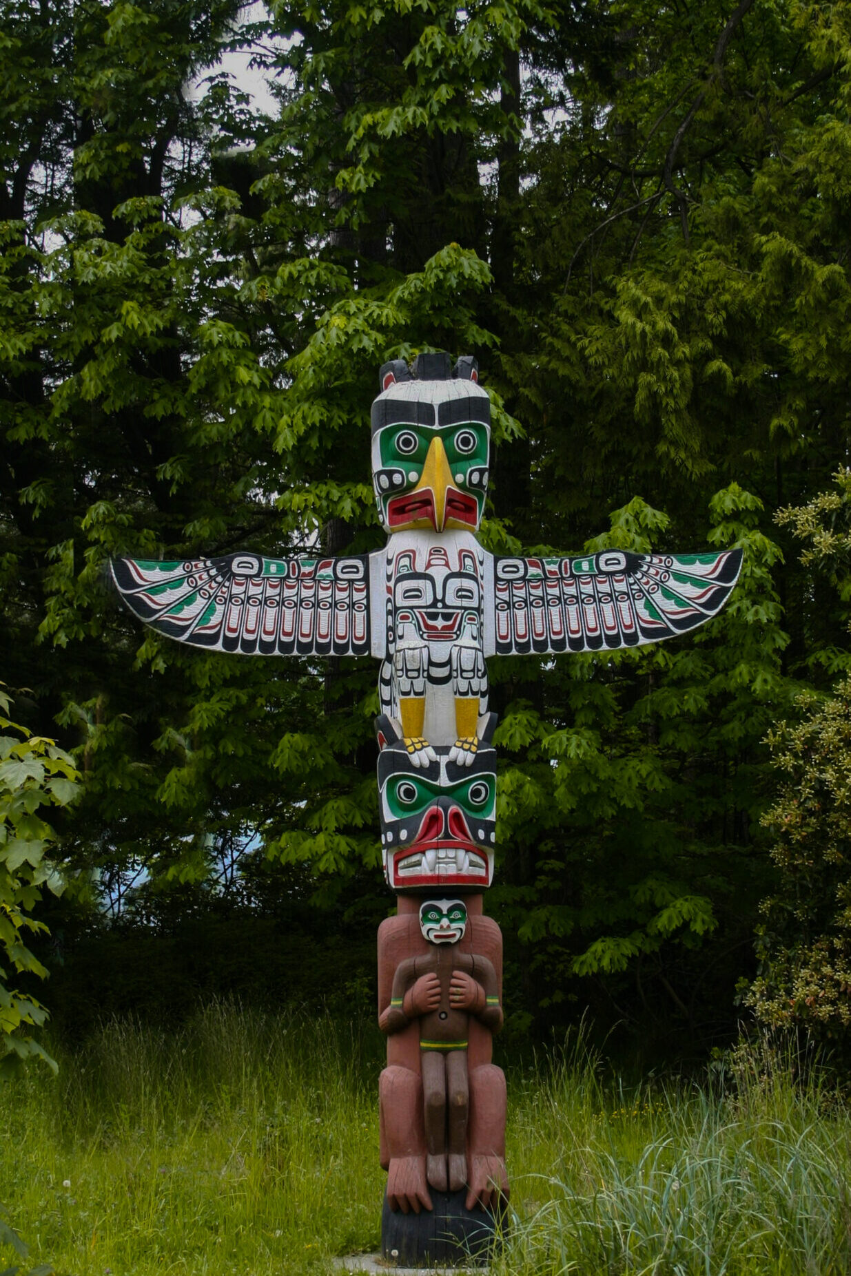 A First Nations Totem Pole inside Stanley Park in Vancouver, Canada
