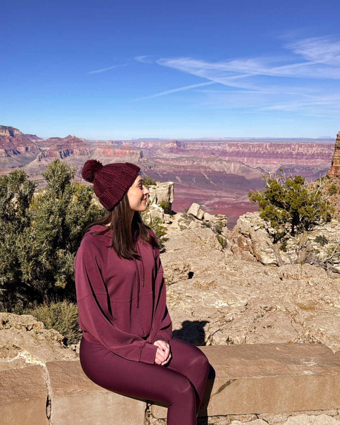 Travel Blogger Jordan Gassner sitting on a railing and smilng over Moran Point in the Grand Canyon