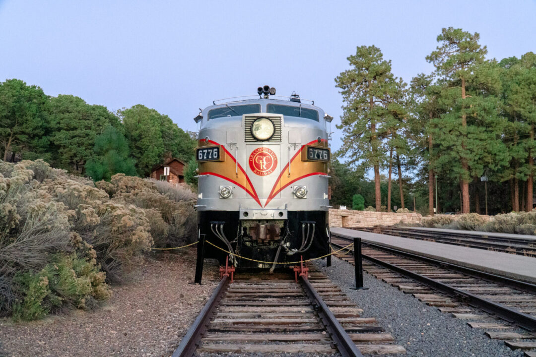 A front-facing view of the Grand Canyon Railway Engine Car