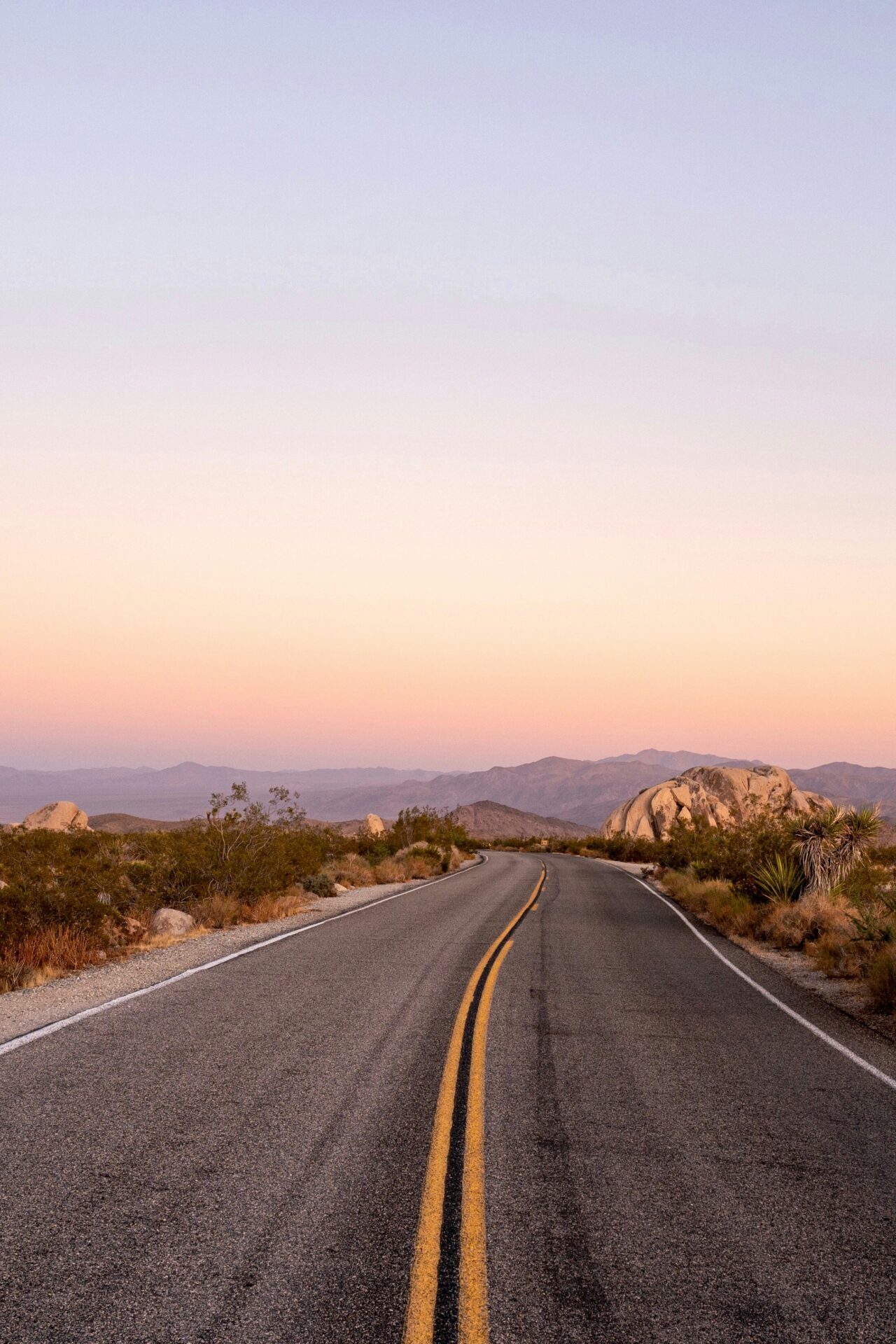 An empty two lane road in the middle of Joshua Tree National Park at pink hour