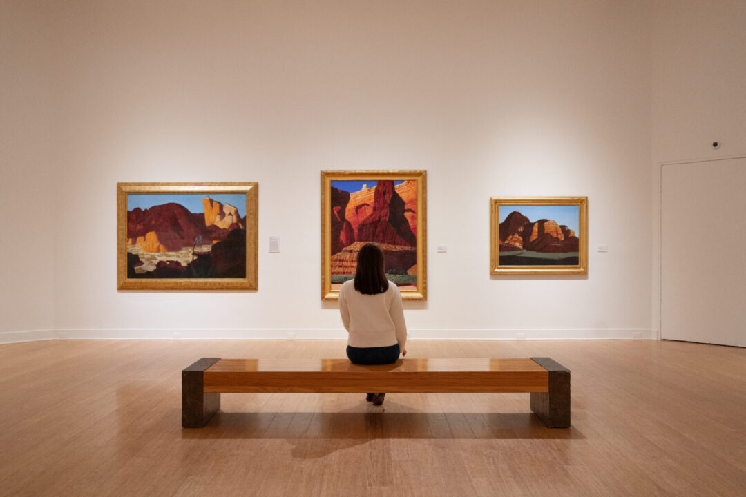Travel Blogger Jordan Gassner admiring some Conrad Buff paintings inside Laguna Art Museum in Laguna Beach, California