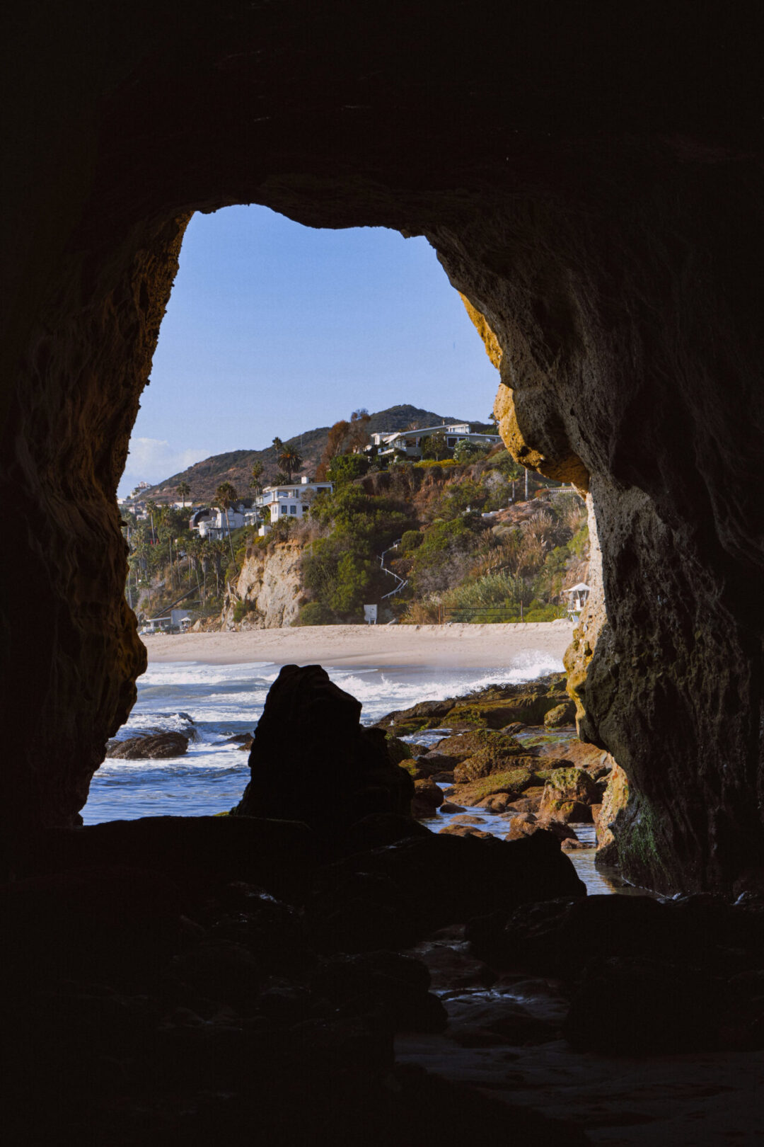 The sea cave view out to Thousand Steps Beach in Laguna Beach, California