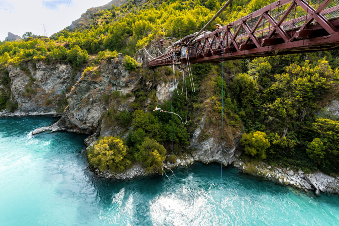 A bungy jumper over the Kawarau River in Queenstown New Zealand
