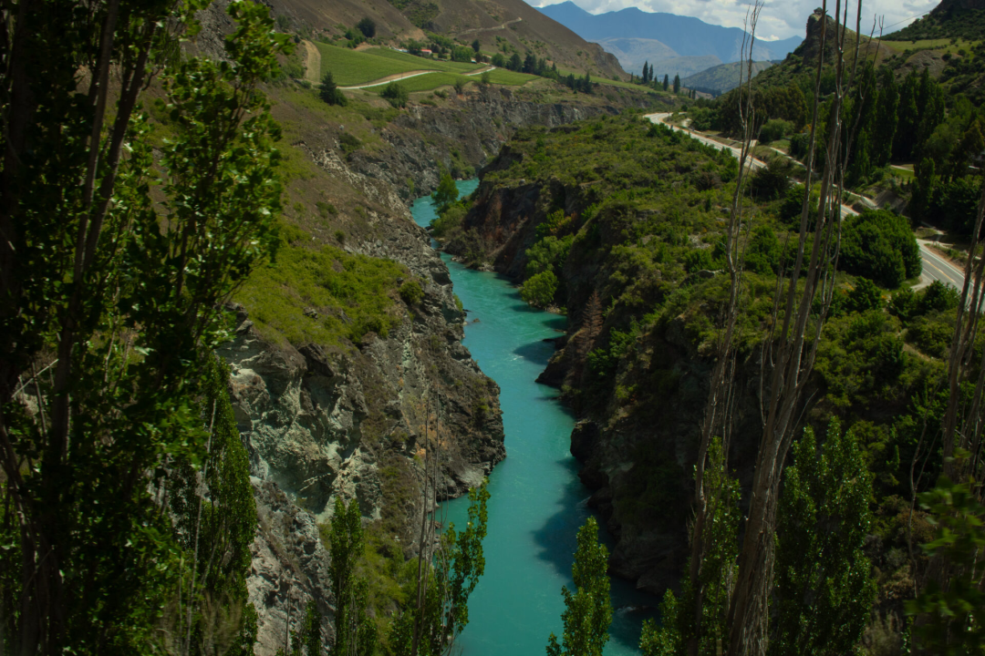 An overhead shot of the Kawarau River in Queenstown, New Zealand