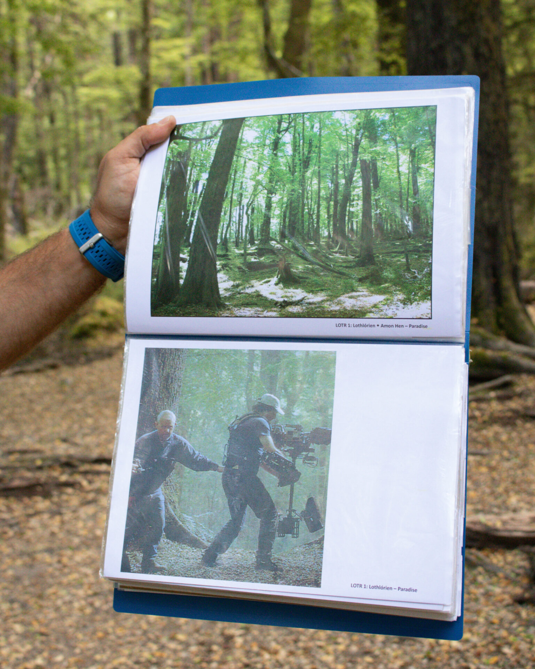 A guide holding up a binder with two pictures of Amon Hen from the Lord of the Rings films from exactly where it was filmed
